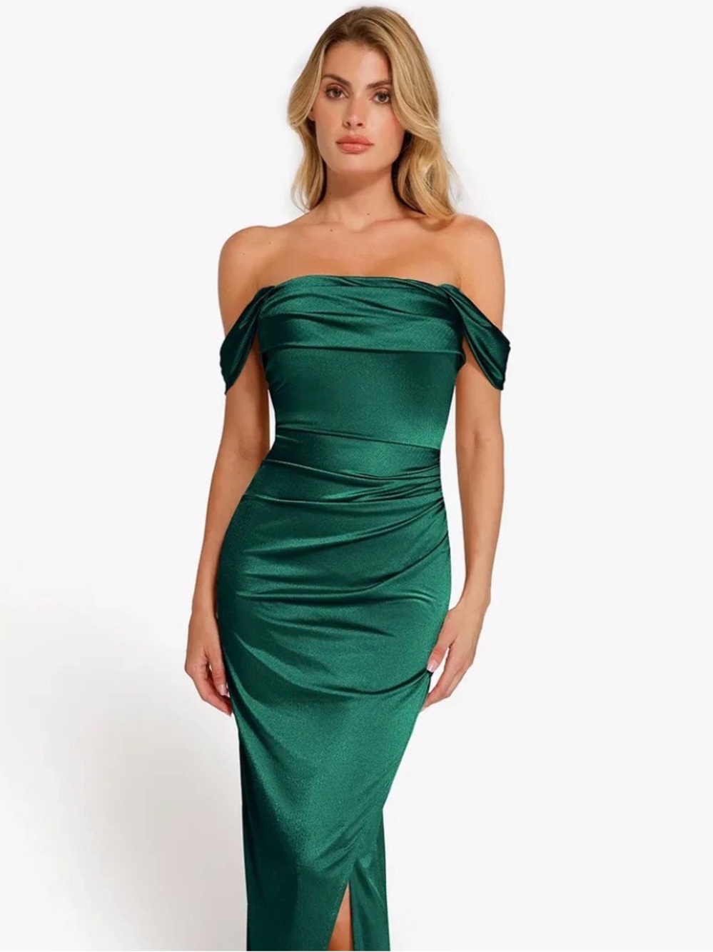 NWT Popilush Off-Shoulder Emerald Green Satin Maxi Dress with Shapewear size xl